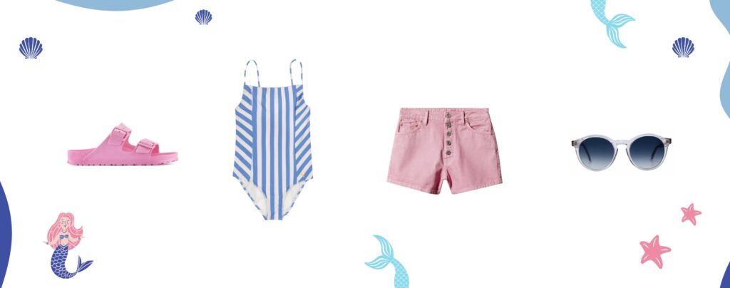 Moda na lato, kostium kąpielowy, okulary, różowe klapki i szorty jeansowe